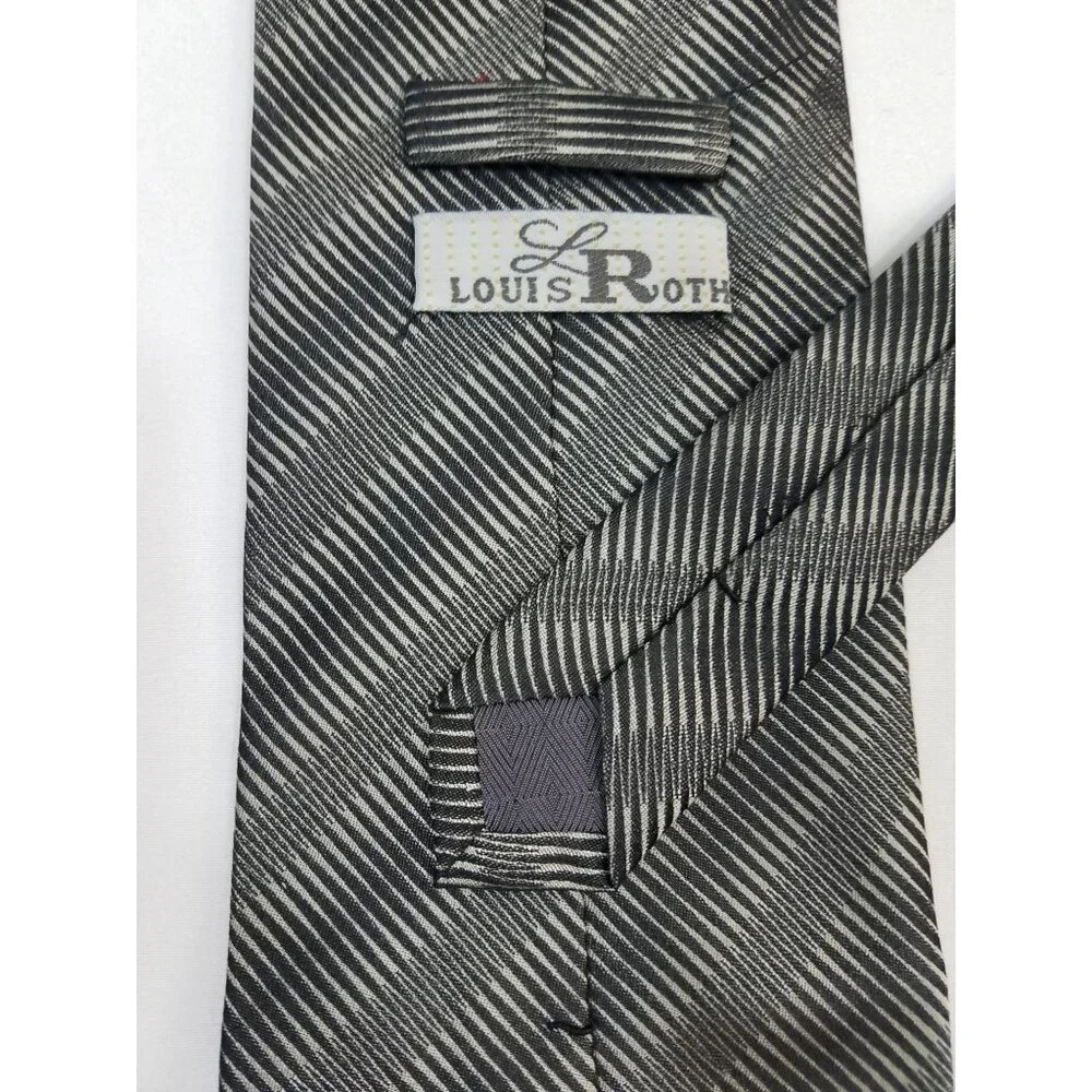 Louis Roth Mens Necktie Gray Black Striped Silk Tie Made in Korea